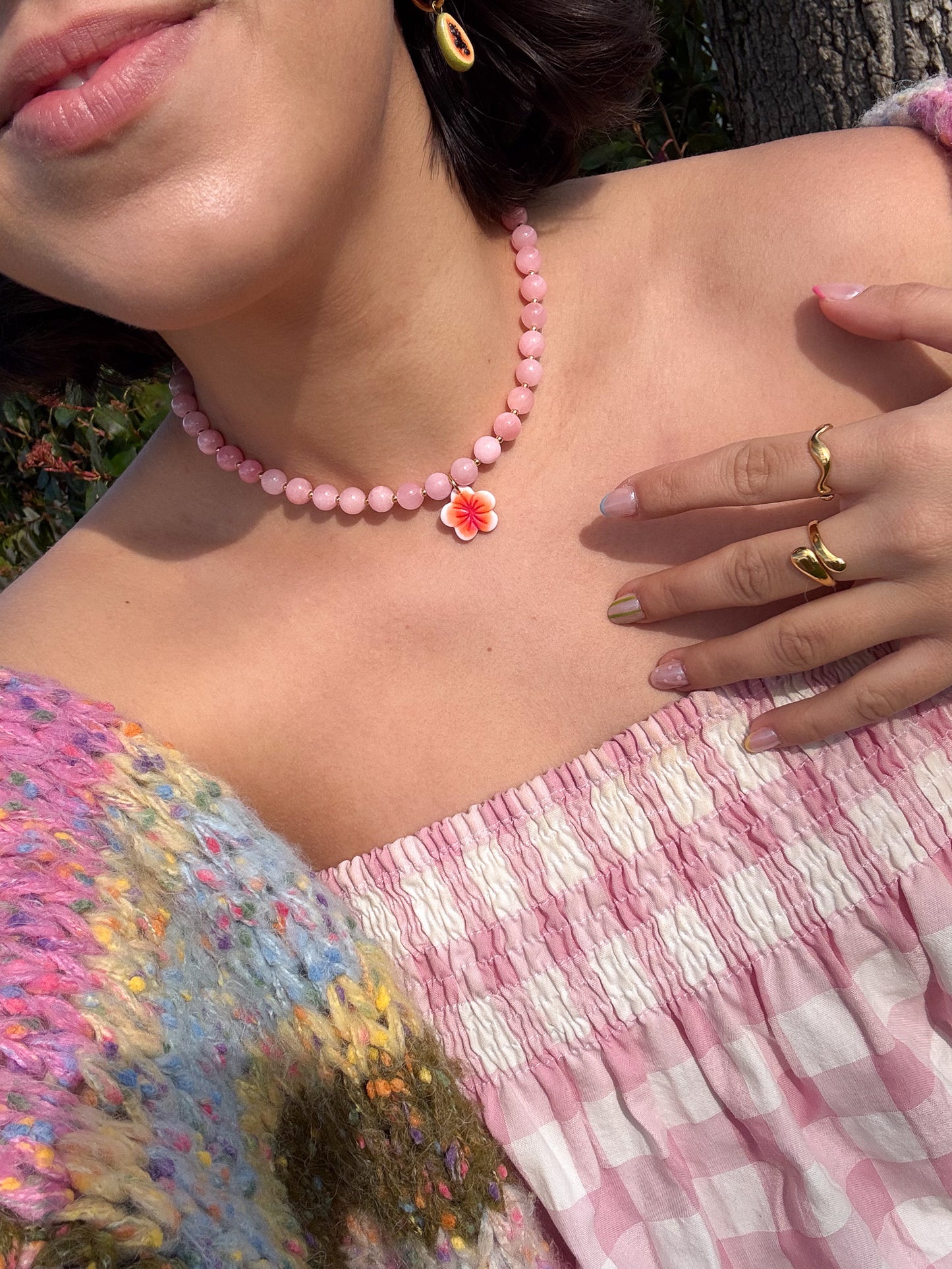 Collier pierres naturelles roses - charms personnalisables