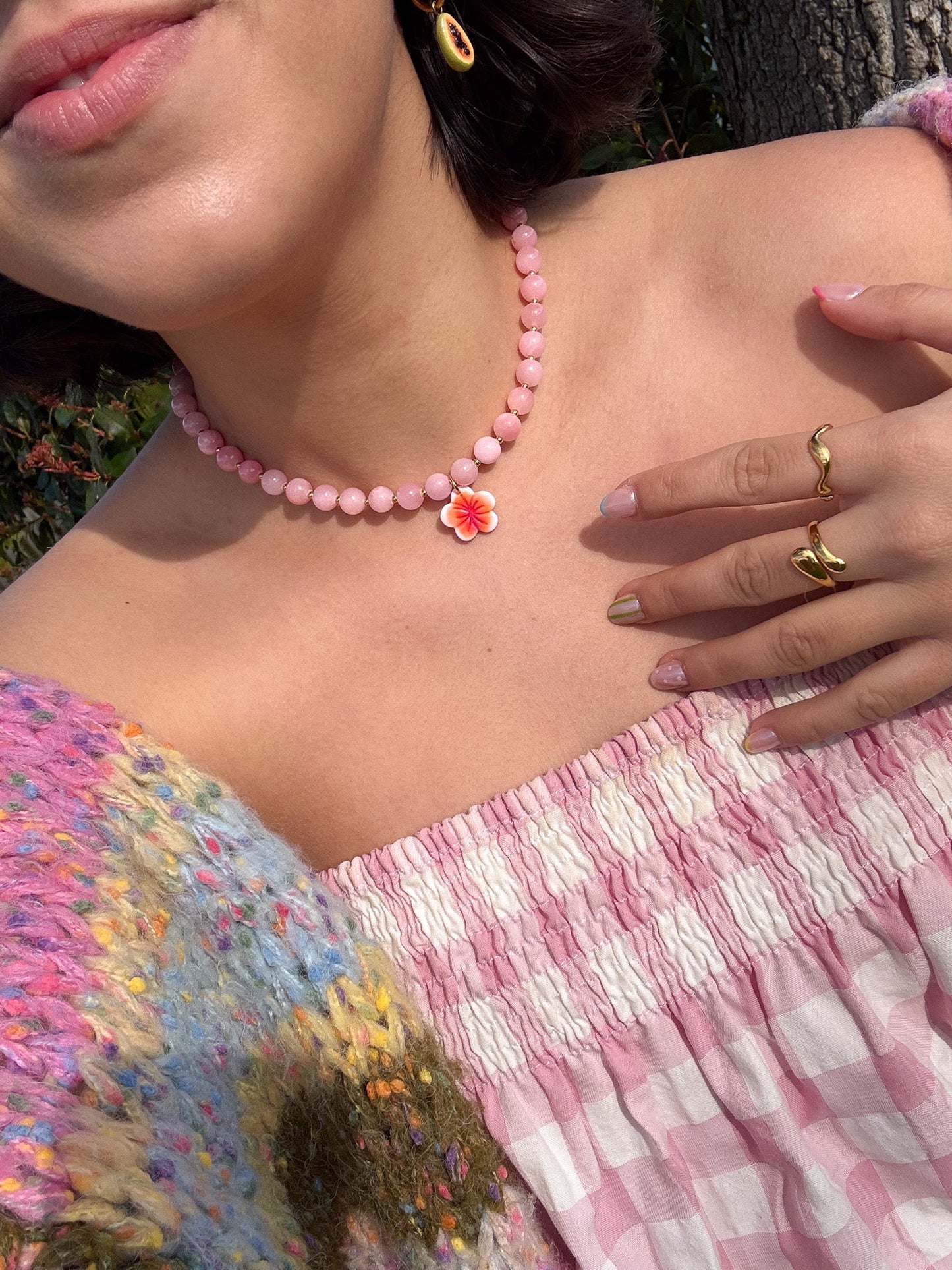 Collier pierres naturelles roses - charms personnalisables - Handly atelier